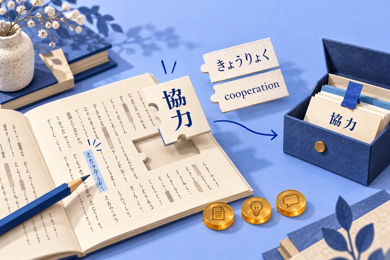 Illustration of a word lifted from a reading passage and matched with its hiragana and meaning before being saved