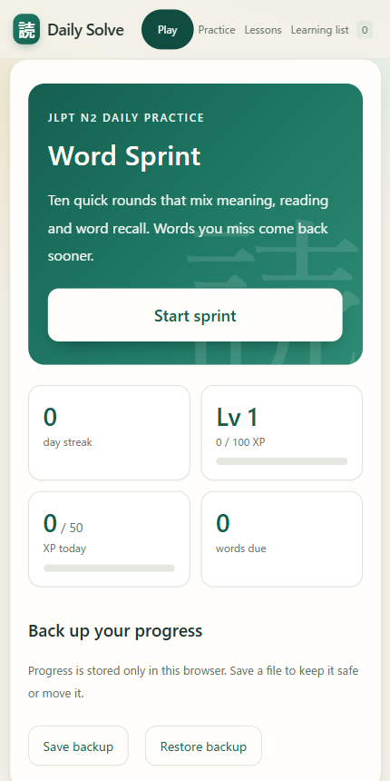 The live Word Sprint screen offering ten quick rounds of meaning, reading and recall with progress backup controls