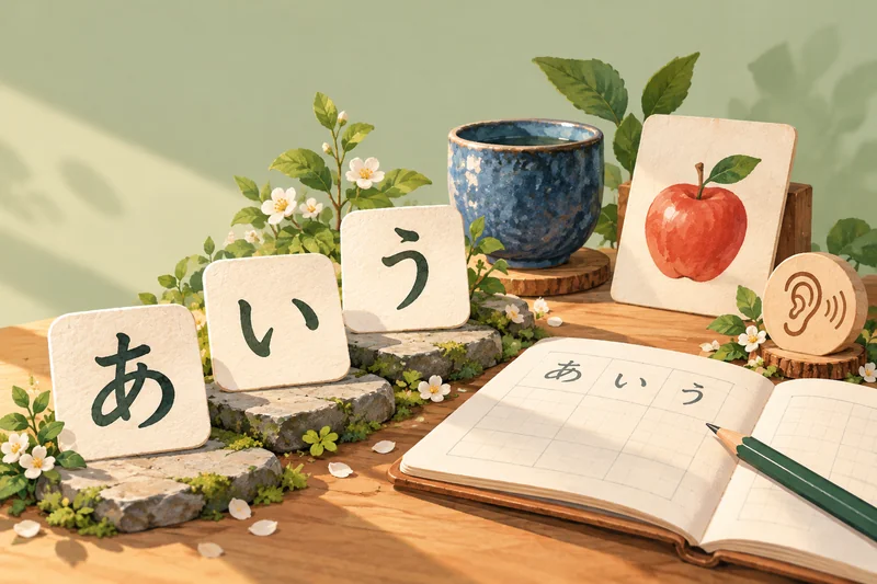 Illustration of kana stepping-stone cards, an everyday object and a notebook for beginner Japanese learning